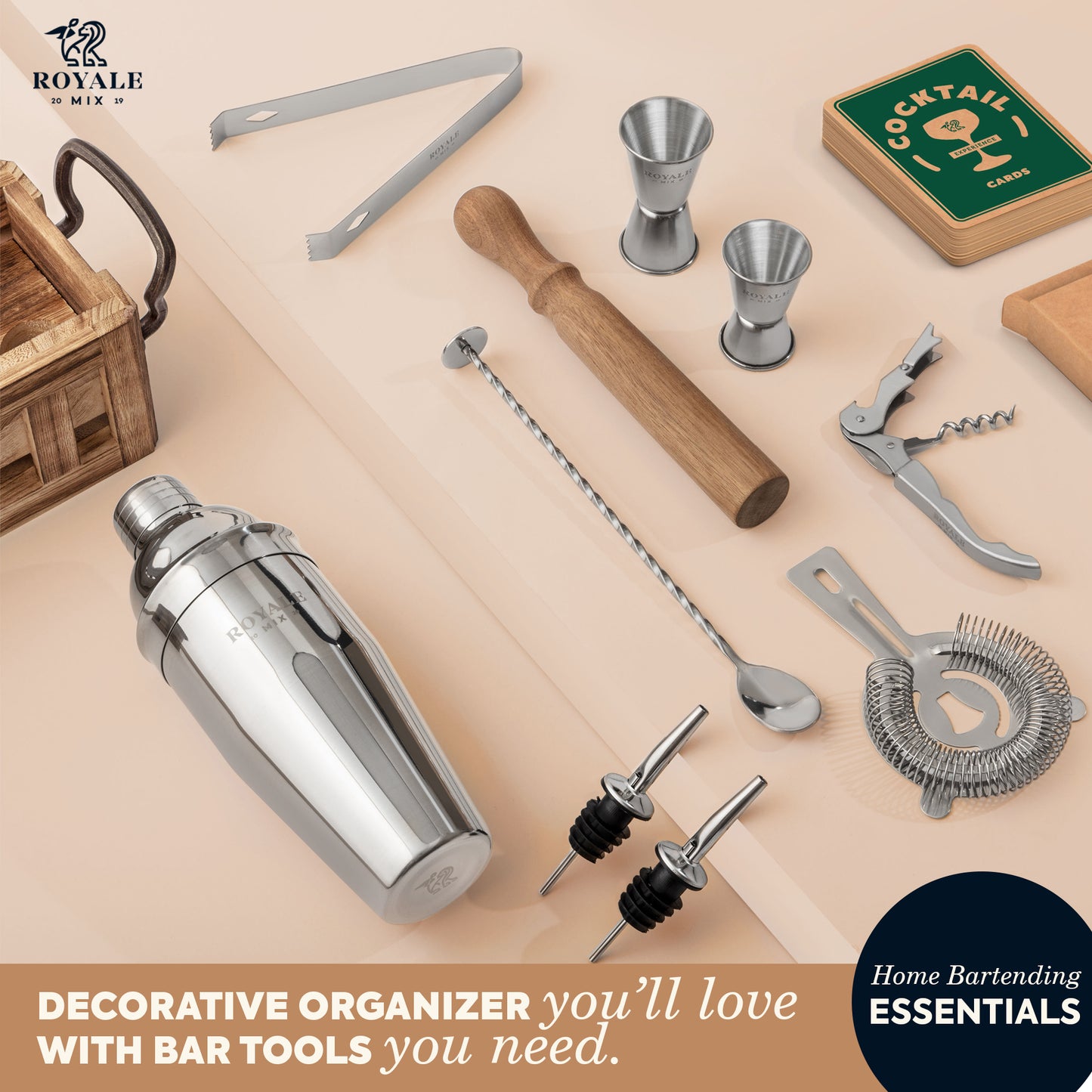 Bartender Kit with Rustic Organizer (SILVER)